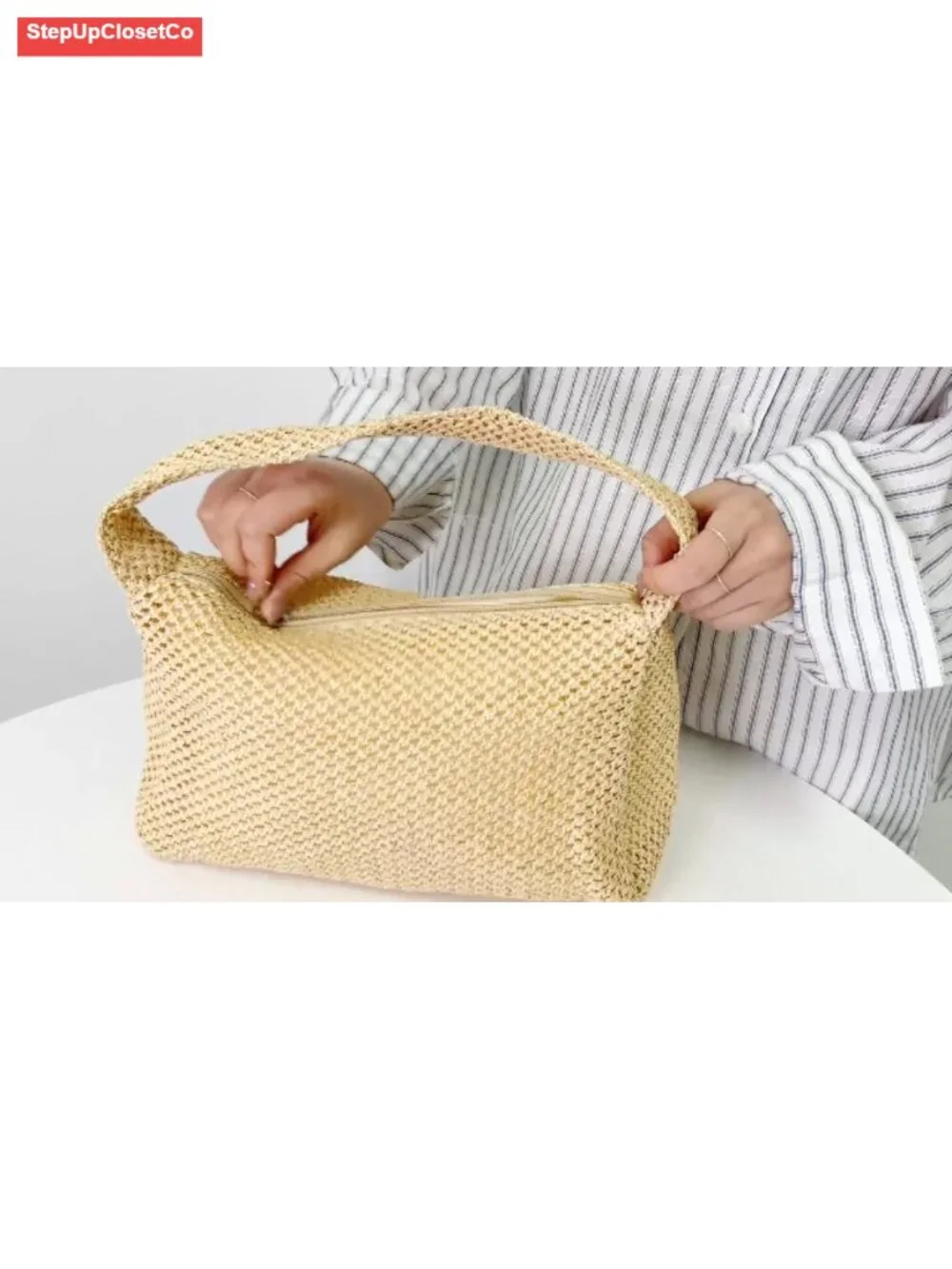 Straw Weave Small Hobo Handbag Top Handle Zipper Shoulder Bag